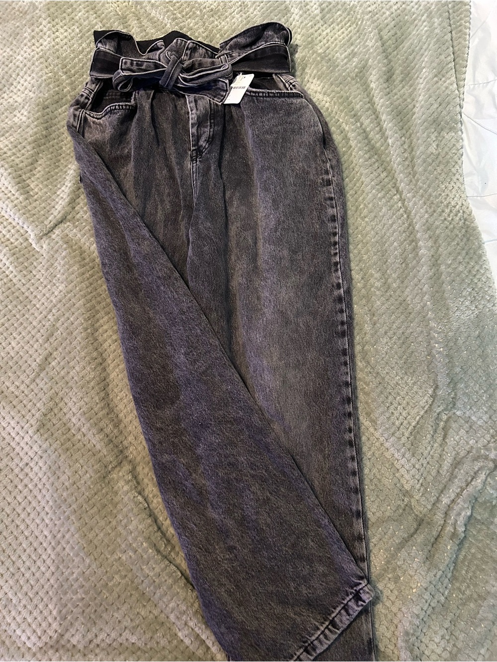 High Rise Washed Black Paperbag Waist Jeans